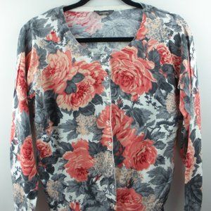 Floral Print Button Front Pink Grey Cardigan Sweater